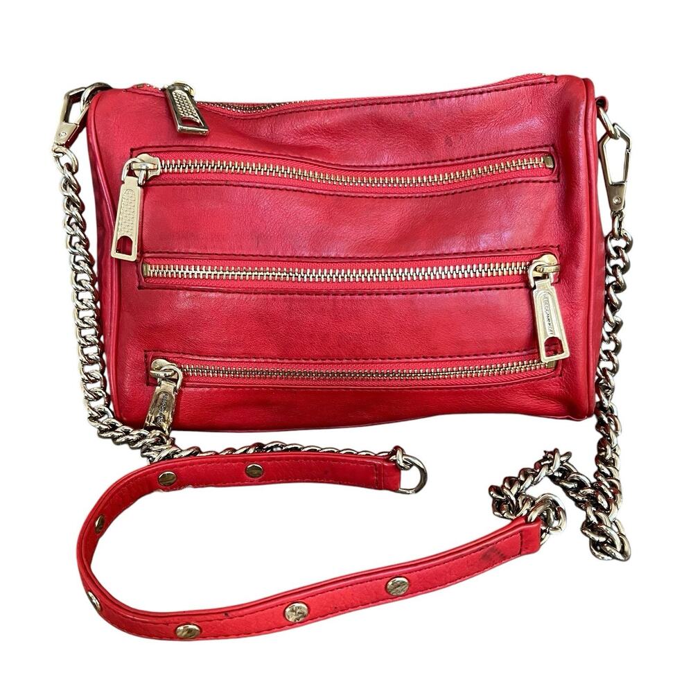 Rebecca Minkoff Orange Red Leather Crossbody Bag 4 Zipper Gold Chain Pockets - Picture 2 of 16